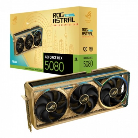 كرت شاشة ASUS ROG ASTRAL Dhahab Edition RTX 5080, ذاكرة 16GB GDDR7, نسخة مكسورة السرعة (OC), نظام تبريد ب 4 مراوح, واجهة PCIe 5.0, دعم تقنيات NVIDIA RTX الحديثة - ذهبي