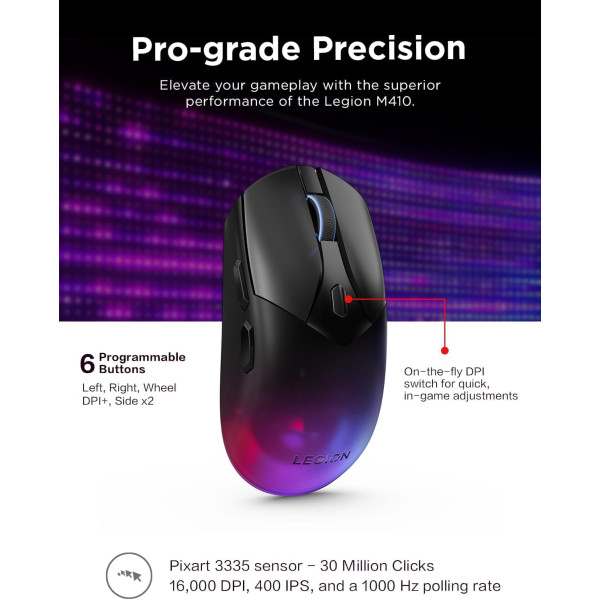 فأرة الألعاب اللاسلكية Lenovo Legion M410 RGB – أسود – 16,000 DPI