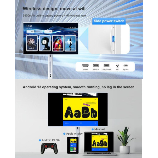 Smart Touch Screen 32-Inch FHD Rotating  – Powerful 10,500mAh Battery Up to 8 Hours for Mobile Performance – White