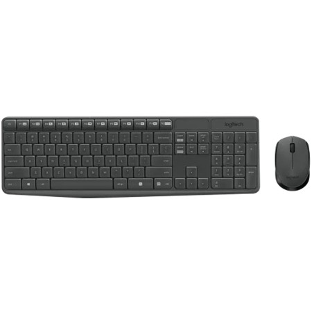 طقم لوحة مفاتيح وفأرة لاسلكي Logitech MK235، لوحة مفاتيح كاملة الحجم، مقاومة للانسكابات، إعداد سهل بالتوصيل والتشغيل - رمادي كربوني طقم لوحة مفاتيح وفأرة لاسلكي Logitech MK235، لوحة مفاتيح كاملة الحجم، مقاومة للانسكابات، إعداد سهل بالتوصيل والتشغيل - رمادي كربوني