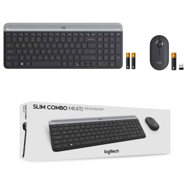 مجموعة لوحة مفاتيح وماوس لاسلكية Logitech MK470 Slim تصميم عصري نحيف، كاملة الحجم، بمفاتيح منخفضة الصوت