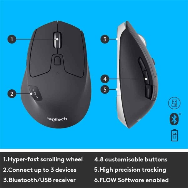 Office Combo Keyboard Mouse Dual wireless Bluetooth Logitech MK850 Perfomance ,Low-noise ,Optical sensor with 1000 DPI ,Ergonomic right-handed design - Black