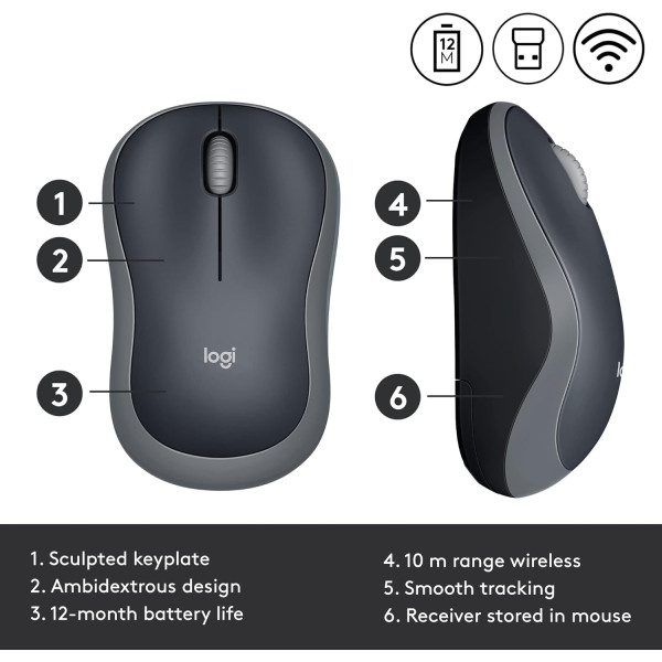 Wireless Mouse - Grey Logitech M185 - Precise Optical Tracking with 12-Month Battery Life Wireless Mouse - Grey Logitech M185 - Precise Optical Tracking with 12-Month Battery Life