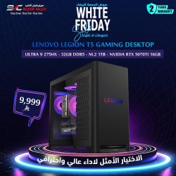 عروض الجمعة البيضاء - كمبيوتر مكتبي للالعاب Lenovo Legion T5 , معالج  Ultra 9 275HX,  ذاكرة DDR5 32GB, تخزين 1 تيرا, كرت شاشة RTX 5070 Ti 16GB GDDR7, بدون ويندوز - أسود
