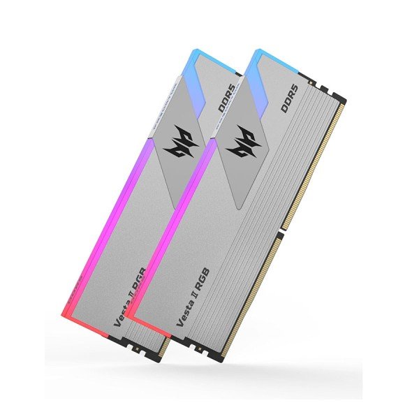 ذاكرة للتجميعات الاحترافية  PREDATOR Vesta II, سعة 64 جيجابايت DDR5, تردد 6000MHz, توقيت CL30 منخفض للاستجابة السريعة, دعم EXPO وXMP 3.0, إضاءة ARGB - فضي