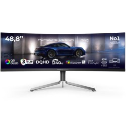 شاشة العاب احترافية AOC AGON Pro PD49 Porsche Design، مزودة بلوحة QD-OLED بدقة DQHD 5120×1440، ومعدل تحديث 240Hz، وزمن استجابة 0.03ms، مع سماعات مدمجة