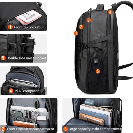 Backpack ARCTIC HUNTER B00388, Waterproof polyester material, cover laptops up to 15.6 inches, Anti-theft back pocket , Multiple compartments - BLACK