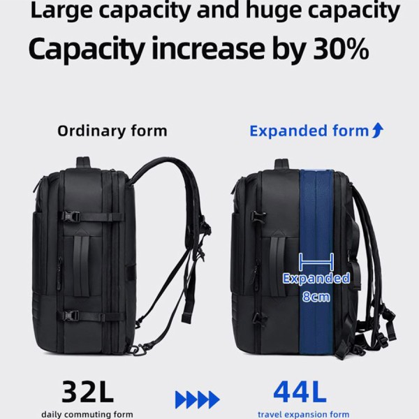 حقيبة الظهر GOLDEN WOLF GB00709, مصممة للاستخدام اليومي المكثف و التنقل, سعة 44 لتر, مقاس لابتوب حتى 15.6 بوصة, تصميم توسعة بسحاب لزيادة السعة  - أسود