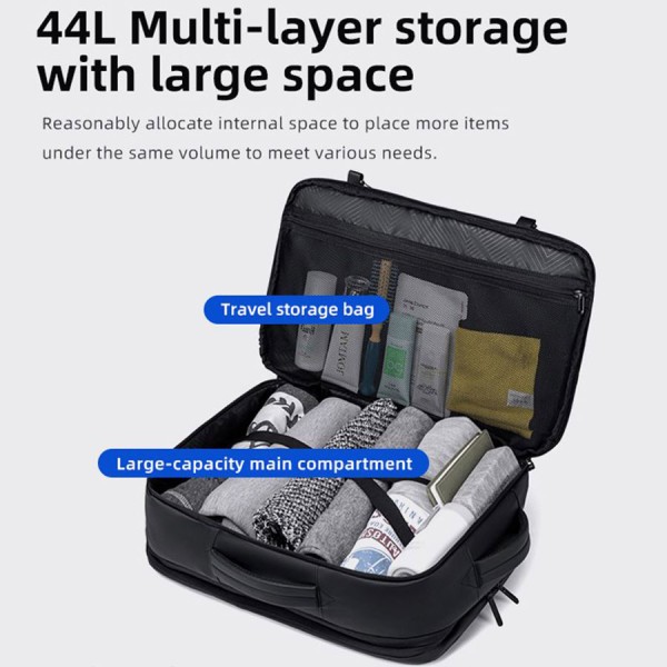 حقيبة الظهر GOLDEN WOLF GB00709, مصممة للاستخدام اليومي المكثف و التنقل, سعة 44 لتر, مقاس لابتوب حتى 15.6 بوصة, تصميم توسعة بسحاب لزيادة السعة  - أسود