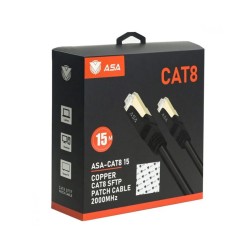 كيبل شبكة ASA CAT8 Shielded Patch Cable, بطول 15 متر, سرعة نقل بيانات تصل إلى 40Gbps, تردد يصل إلى 2000MHz, موصلات RJ45 مطلية بالذهب لتعزيز جودة الاتصال - أسود 