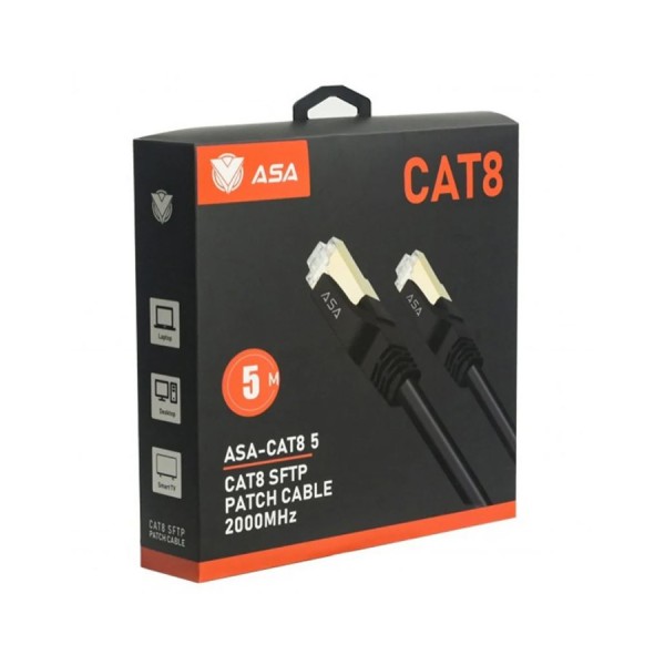 كيبل شبكة ASA CAT8 Shielded Patch Cable, بطول 5 متر, سرعة نقل بيانات تصل إلى 40Gbps, تردد يصل إلى 2000MHz, موصلات RJ45 مطلية بالذهب لتعزيز جودة الاتصال - أسود