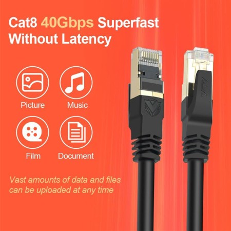 كيبل شبكة ASA CAT8 Shielded Patch Cable, بطول 3 متر, سرعة نقل بيانات تصل إلى 40Gbps, تردد يصل إلى 2000MHz, موصلات RJ45 مطلية بالذهب لتعزيز جودة الاتصال - أسود