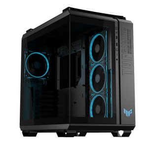 صندوق احترافي ASUS TUF Gaming GT502 Horizon، Mid-Tower ATX، مزود بـ 4 مراوح ARGB، زجاج بانورامي مقسّى، وهيكل Dual-Chamber – اسود