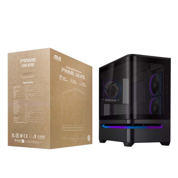صندوق احترافي ASUS PRIME AP202 بحجم Mid Tower، مزود بزجاج بانورامي مقوّس من النوع Tempered Glass، يدعم اللوحات الأم Micro-ATX وMini-ITX -  اسود
