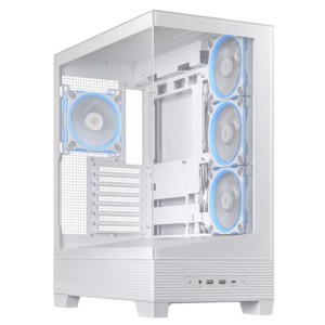 صندوق احترافي العاب ASUS A31 PLUS TG ARGB، مزود بأربع مراوح ARGB مثبتة مسبقًا، زجاج مقوّى، تصميم Mid Tower، يدعم تقنية BTF للتوصيلات المخفية – ابيض