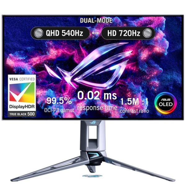 شاشة ألعاب ASUS ROG Swift OLED PG27AQWP-W، لوحة WOLED، مقاس 27 بوصة، وضع مزدوج Dual-Mode بدقة QHD بتردد 540 هرتز أو HD بتردد 720 هرتز، زمن استجابة 0.02 مللي ثانية، HDMI 2.1 - ابيض