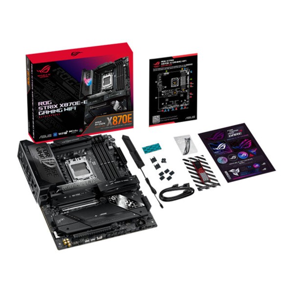 لوحة أم احترافية ASUS ROG STRIX X870E-E GAMING WIFI 7, مقاس ATX, مع مقبس AM5, تدعم إضاءة AURA Sync RGB, فتحات توسعة PCIe 5.0 وPCIe 4.0, اتصال لاسلكي  Wi-Fi 7 + BT 5.4 - أسود