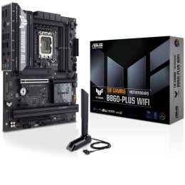 مذربورد اسوس TUF GAMING B860-PLUS WIFI 7 بمقبس LGA 1851 وتصميم ATX، تدعم ذاكرة DDR5 بـ 4 فتحات وسعة تصل إلى 256 جيجابايت، مع منفذ PCIe 5.0 x16 و 3 فتحات M.2
