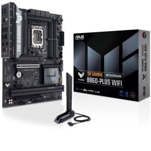 مذربورد اسوس TUF GAMING B860-PLUS WIFI 7 بمقبس LGA 1851 وتصميم ATX، تدعم ذاكرة DDR5 بـ 4 فتحات وسعة تصل إلى 256 جيجابايت، مع منفذ PCIe 5.0 x16 و 3 فتحات M.2