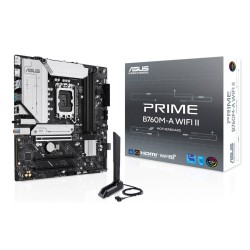 لوحة ام احترافية  ASUS PRIME B760M-A WIFI 6E II، مزودة بمنفذ PCIe 5.0 x16، و4 فتحات DDR5 DIMM، بتصميم Micro-ATX، وتدعم إجمالي 2 × منافذ M.2 للتخزين – اسود