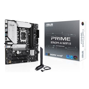 لوحة ام احترافية  ASUS PRIME B760M-A WIFI 6E II، مزودة بمنفذ PCIe 5.0 x16، و4 فتحات DDR5 DIMM، بتصميم Micro-ATX، وتدعم إجمالي 2 × منافذ M.2 للتخزين – اسود