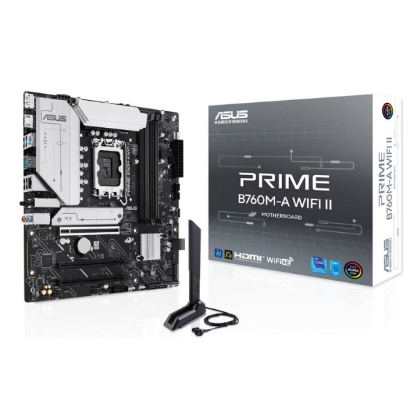 لوحة ام احترافية  ASUS PRIME B760M-A WIFI 6E II، مزودة بمنفذ PCIe 5.0 x16، و4 فتحات DDR5 DIMM، بتصميم Micro-ATX، وتدعم إجمالي 2 × منافذ M.2 للتخزين – اسود