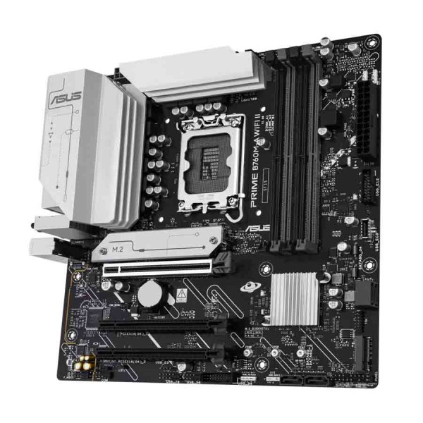 لوحة ام احترافية  ASUS PRIME B760M-A WIFI 6E II، مزودة بمنفذ PCIe 5.0 x16، و4 فتحات DDR5 DIMM، بتصميم Micro-ATX، وتدعم إجمالي 2 × منافذ M.2 للتخزين – اسود