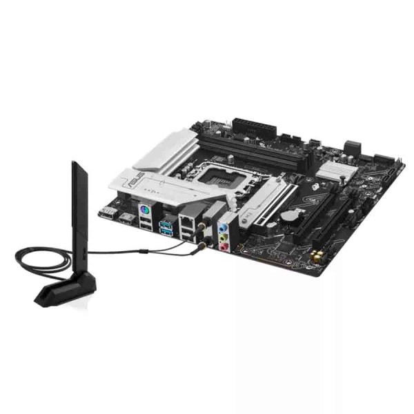 لوحة ام احترافية  ASUS PRIME B760M-A WIFI 6E II، مزودة بمنفذ PCIe 5.0 x16، و4 فتحات DDR5 DIMM، بتصميم Micro-ATX، وتدعم إجمالي 2 × منافذ M.2 للتخزين – اسود