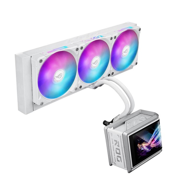 مبرد مائي احترافي ASUS ROG RYUO IV SLC 360 ARGB , بحجم 360 مم, شاشة AMOLED بحجم 6.67 بوصة , يدعم إضاءة ARGB, متوافق مع مقابس Intel وAMD الحديثة - أبيض