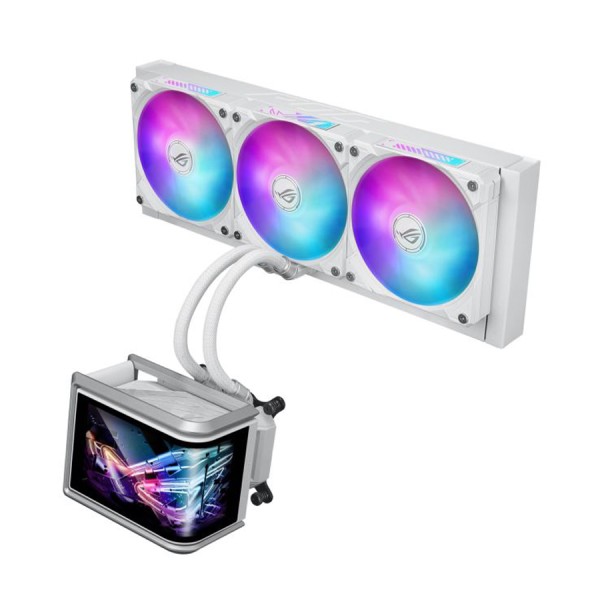 مبرد مائي احترافي ASUS ROG RYUO IV SLC 360 ARGB , بحجم 360 مم, شاشة AMOLED بحجم 6.67 بوصة , يدعم إضاءة ARGB, متوافق مع مقابس Intel وAMD الحديثة - أبيض