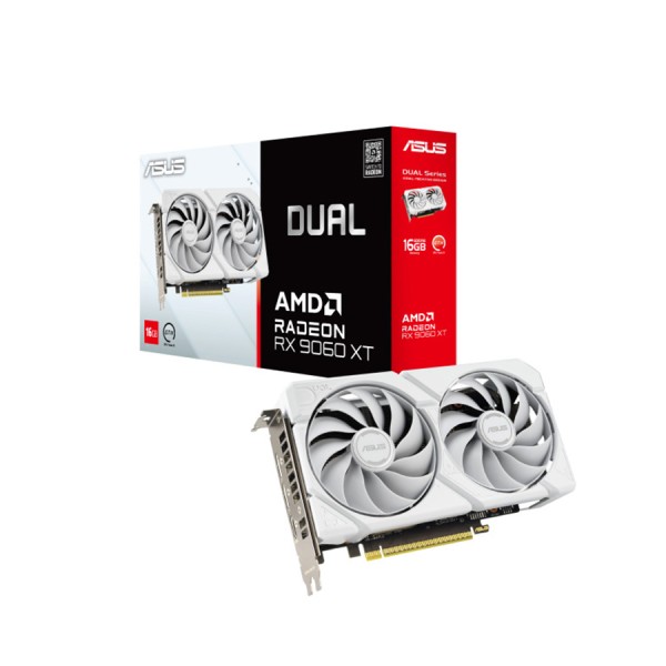 كرت شاشة احترافي ASUS Dual Radeon RX 9060 XT , ذاكرة 16GB GDDR6, تبريد مزدوج ثنائي المراوح, واجهة PCIe 5.0,  يدعم تقنيات AMD و تتبع الأشعة - أبيض