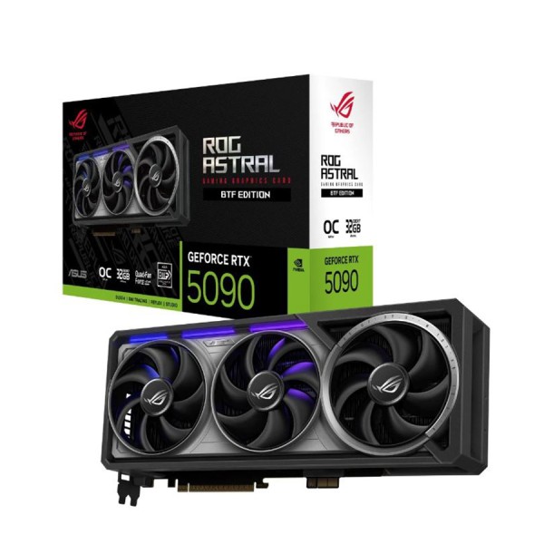 كرت شاشة ASUS ROG Astral RTX 5090 32GB BTF OC Edition, ذاكرة 32GB GDDR7, تصميم تبريد رباعي المراوح, اصدار مكسور السرعة, موصل GC-HPWR قابل للفصل لتسهيل التركيب - أسود