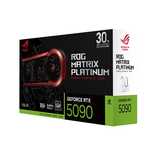 كرت شاشة ASUS ROG Matrix Platinum GeForce RTX 5090, إصدار الذكرى الثلاثين, ذاكرة 32GB GDDR7, تبريد عالي الكفاءة مع 4 مراوح, مع دعم تقنية BTF للتوصيل المخفي - أسود/أحمر