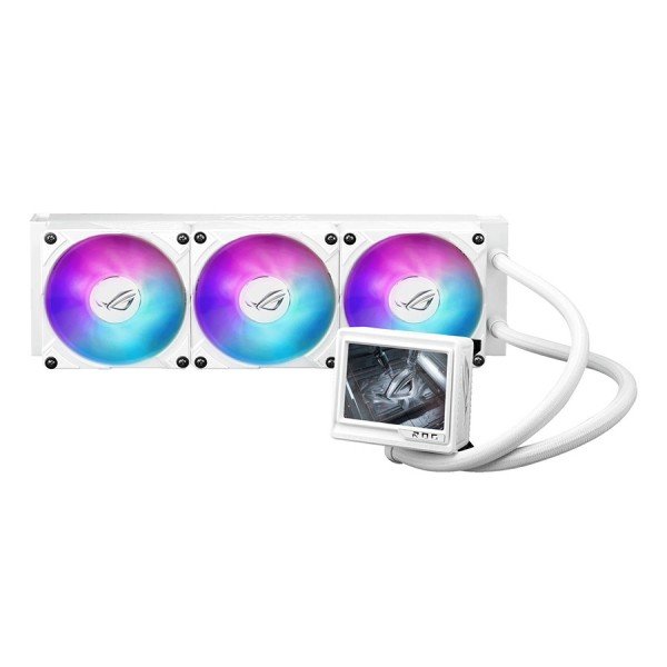 مبرد مائي احترافي ASUS ROG Ryujin III 360 ARGB Extreme, شاشة LCD ملونة مقاس ‎3.5‎ بوصة, ثلاث مراوح 120 مم ARGB, دعم كامل لمعالجات Intel وAMD الحديثة - أبيض