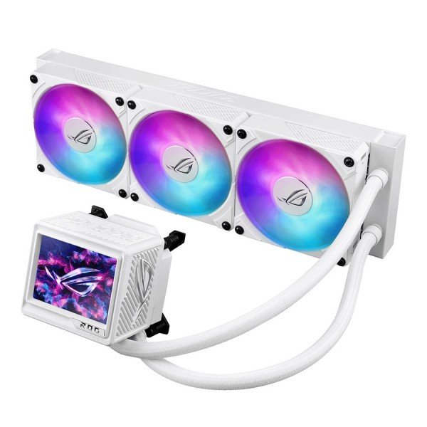 مبرد مائي احترافي ASUS ROG Ryujin III 360 ARGB Extreme, شاشة LCD ملونة مقاس ‎3.5‎ بوصة, ثلاث مراوح 120 مم ARGB, دعم كامل لمعالجات Intel وAMD الحديثة - أبيض