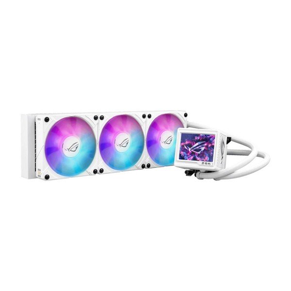 مبرد مائي احترافي ASUS ROG Ryujin III 360 ARGB Extreme, شاشة LCD ملونة مقاس ‎3.5‎ بوصة, ثلاث مراوح 120 مم ARGB, دعم كامل لمعالجات Intel وAMD الحديثة - أبيض