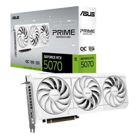 كرت الشاشة ASUS PRIME RTX 5070 12GB, ذاكرة 12GB GDDR7, نسخة مكسورة السرعة (OC), نظام تبريد ثلاثي المراوح, واجهة PCIe 5.0, دعم تقنيات NVIDIA RTX الحديثة - أبيض