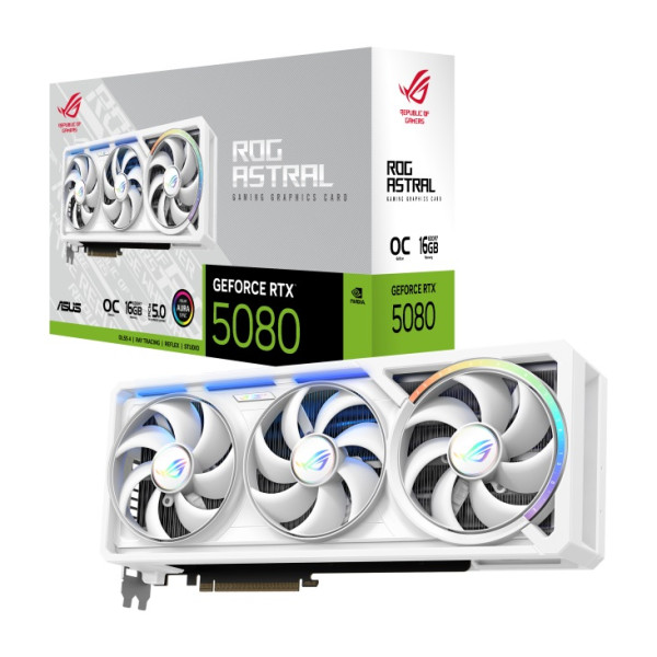 كرت شاشة  ROG Astral GeForce RTX 5080 OC Edition 16GB GDDR7   تصميم رباعي المراوح  أداء استثنائي للألعاب والإبداع -أبيض