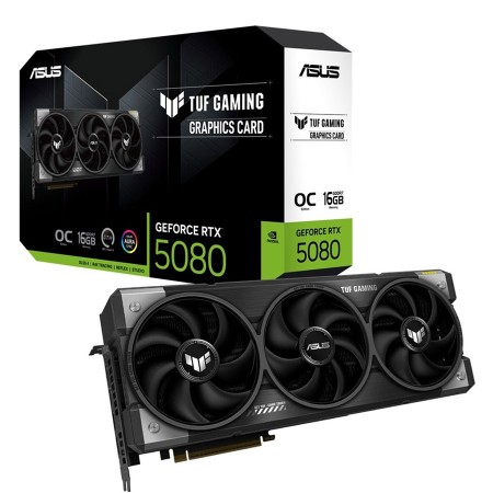 كرت شاشة ASUS TUF GAMING RTX 5080, ذاكرة 16GB GDDR7, نظام تبريد ثلاثي المراوح , اصدار مكسور السرعة OC, دعم PCIe 5.0, دعم تقنيات NVIDIA الحديثة - أسود