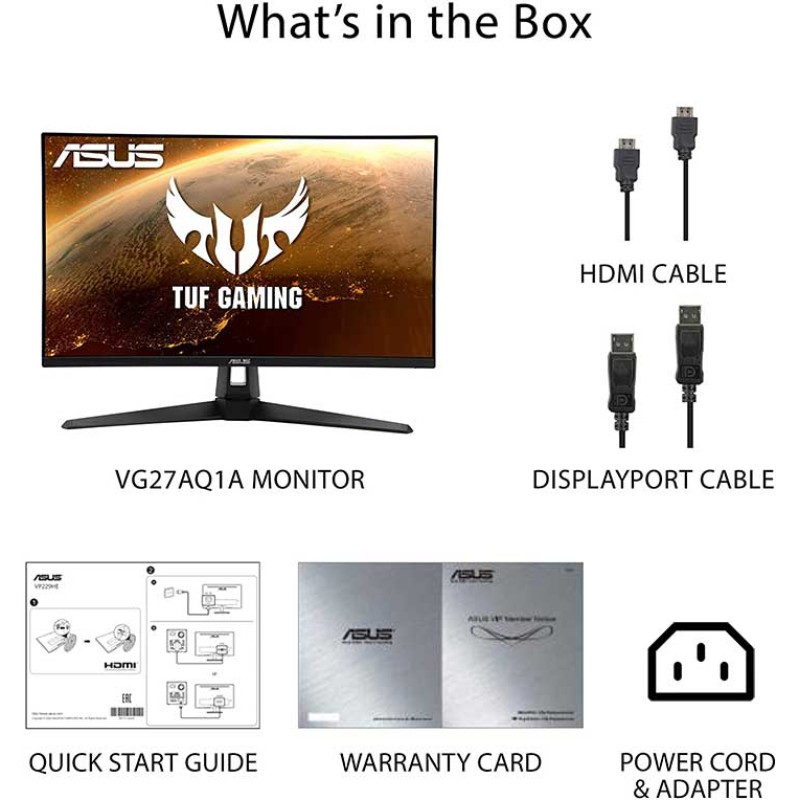 ASUS TUF Gaming 27" 2K HDR Monitor (VG27AQ1A) - QHD (2560 x 1440), IPS, 170Hz, 1ms, Speaker, G-SYNC Compatible, VESA Mountable, DisplayPort, HDMI