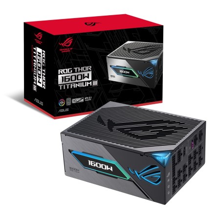 مزود طاقة ASUS ROG THOR 1600W Titanium III بقوة مستمرة 1600 وات، تصميم كامل قابل للتعديل، مشتتات حرارة مصممة من ROG، وشاشة OLED لعرض الطاقة - اسود