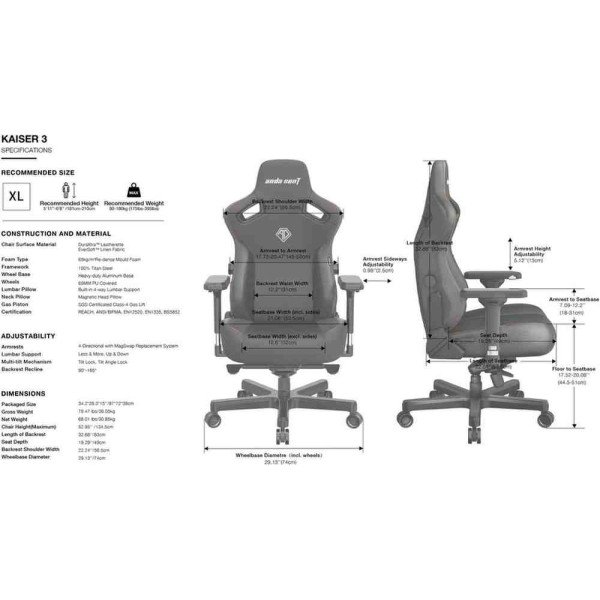 كرسي ألعاب أندا سيت كايسر 3 XL - جلد PVC فاخر، أبيض غائم