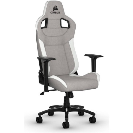 كرسي ألعاب CORSAIR T3 RUSH Fabric, تصميم RELAXED, وسادة رأس قطنية, تنجيد قماشي, مساند ذراع 4D, قدرة تحمل حتى 120 كجم. – رمادي/أبيض