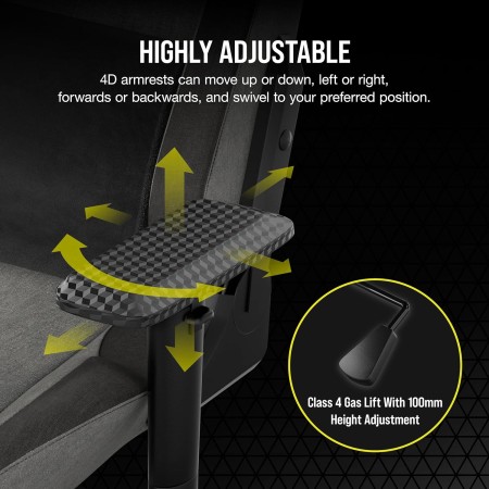 كرسي ألعاب CORSAIR T3 RUSH Fabric, تصميم RELAXED, وسادة رأس قطنية, تنجيد قماشي, مساند ذراع 4D, قدرة تحمل حتى 120 كجم. – رمادي/فحم