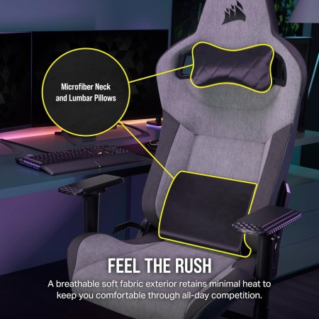 كرسي ألعاب CORSAIR T3 RUSH Fabric, تصميم RELAXED, وسادة رأس قطنية, تنجيد قماشي, مساند ذراع 4D, قدرة تحمل حتى 120 كجم. – رمادي/فحم