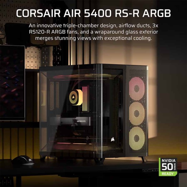 صندوق احترافي العاب CORSAIR AiR 5400 RS-R ARGB، Mid-Tower ثلاثي الحجرات، مع قنوات تدفق هواء مزدوجة لتبريد قوي – اسود