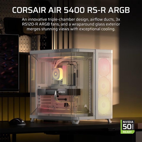 PC Case CORSAIR AiR 5400 RS-R ARGB ,Triple Chamber Mid-Tower Dual airflow ducts for powerful - White