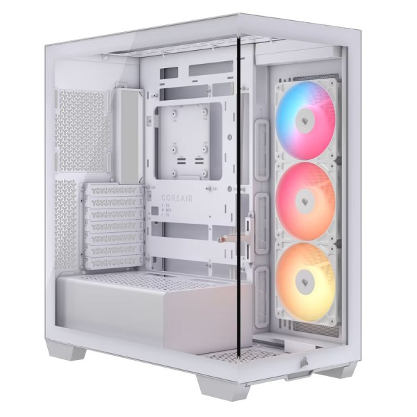 صندوق احترافي  Corsair 3500X RS‑R ARGB، زجاج مقسّى بانورامي، 3 مراوح RS-R ARGB مثبتة مسبقًا، الهيكل من الفولاذ – ابيض