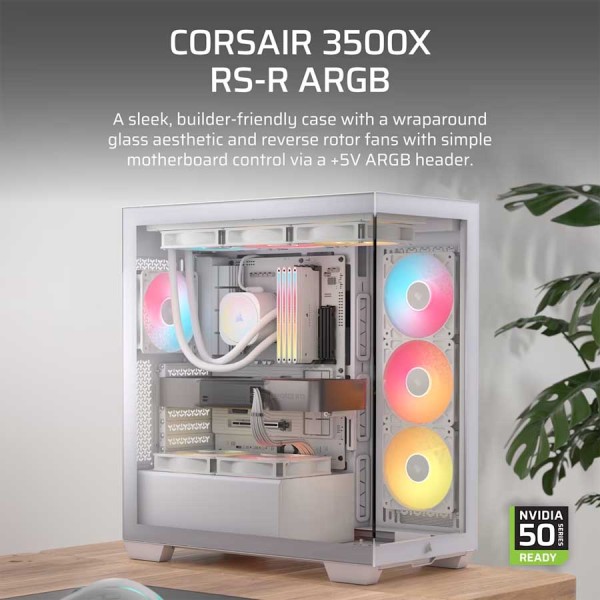 صندوق احترافي  Corsair 3500X RS‑R ARGB، زجاج مقسّى بانورامي، 3 مراوح RS-R ARGB مثبتة مسبقًا، الهيكل من الفولاذ – ابيض