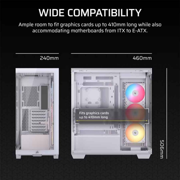 صندوق احترافي  Corsair 3500X RS‑R ARGB، زجاج مقسّى بانورامي، 3 مراوح RS-R ARGB مثبتة مسبقًا، الهيكل من الفولاذ – ابيض